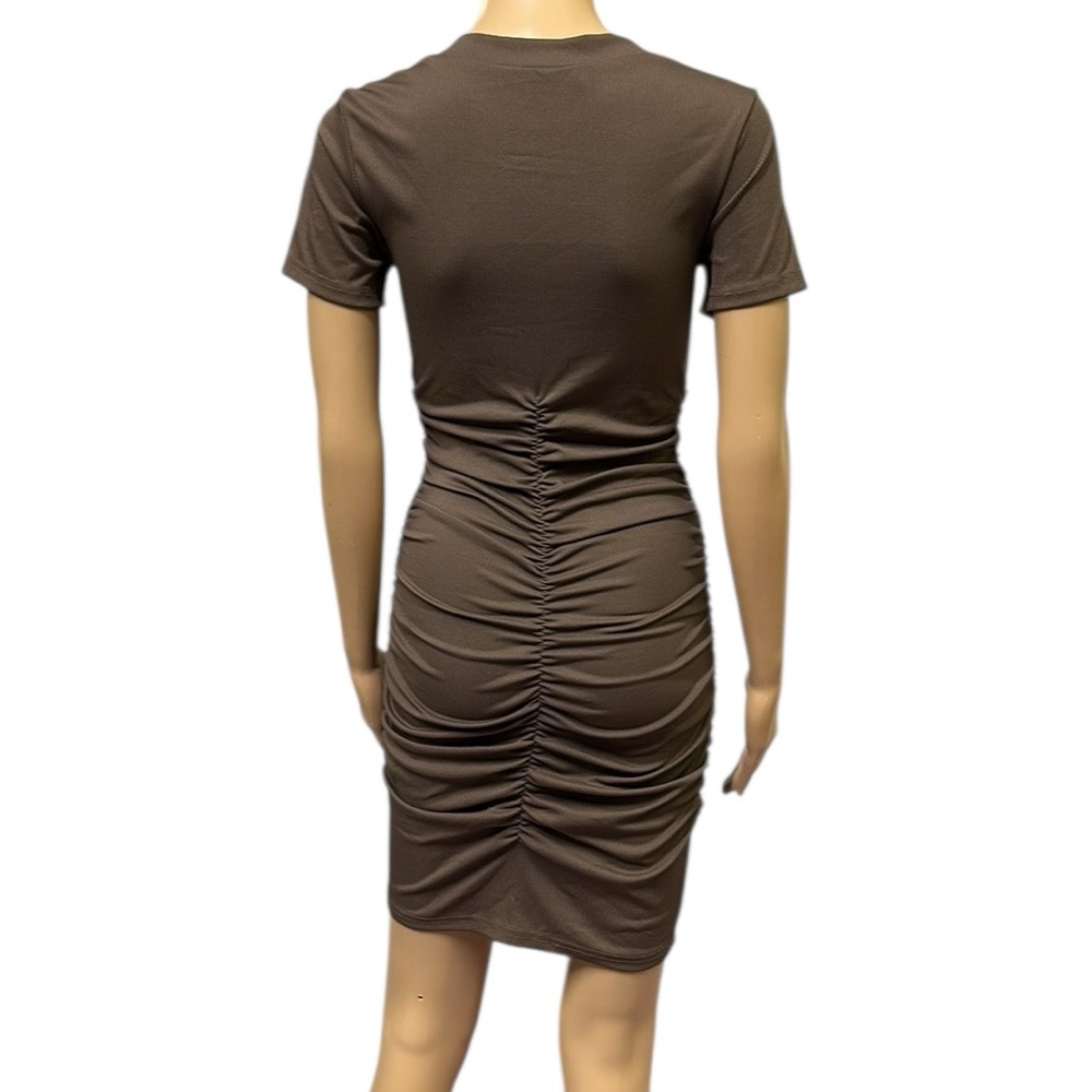 Beyove Ruched Brown Bodycon Ribbed V Neck Button Front Short Sleeve Mini Dress S - Picture 6 of 9